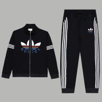 Gucci x Adidas Unisex Casual Fashion Flocking Zip Jackets Pants Suit Black