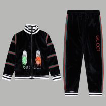 Gucci Unisex Casual Fashion Shoelace Contrasting Colors Ribbon Zip Jackets Pants Suit Black