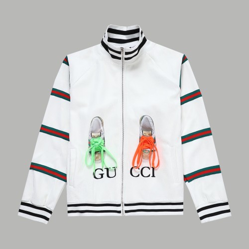 Gucci Unisex Casual Fashion Shoelace Contrasting Colors Ribbon Zip Jackets Pants Suit White