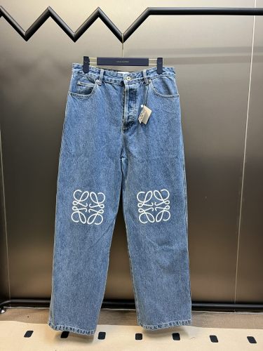 Loewe Classic Fashion Hollow Loose Jeans Unisex Embroidered Logo Pants