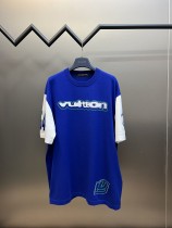 Louis Vuitton Blue White Collated Sleeves Letter Knitted Short Sleeve Combed Cotton Embossed Round Neck Top