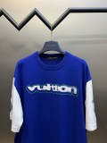 Louis Vuitton Blue White Collated Sleeves Letter Knitted Short Sleeve Combed Cotton Embossed Round Neck Top
