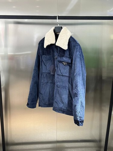 Prada Classic Orduroy Long Sleeve Woolen Collar Cotton-Padded Jacket Coat