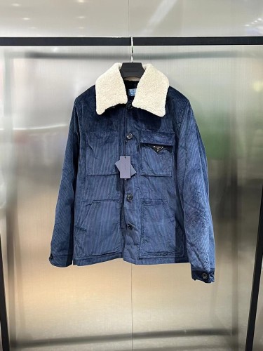Prada Classic Orduroy Long Sleeve Woolen Collar Cotton-Padded Jacket Coat