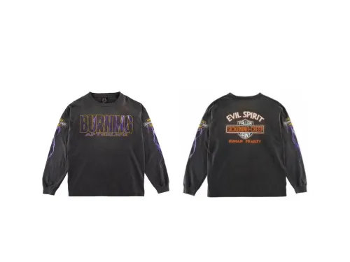 Saint Michael Evilsprit Burning Printed T-shirt Graffiti Washed Old Round Neck Thin Loose Long Sleeve