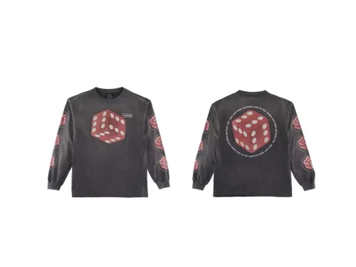 Saint Michael Red Dice Printed T-shirt Washed Old Round Neck Thin Loose Long Sleeve