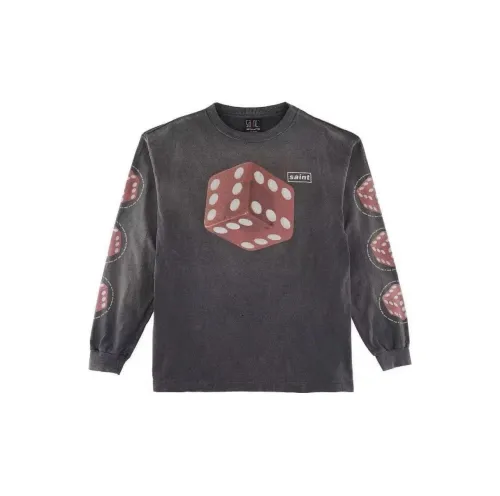 Saint Michael Red Dice Printed T-shirt Washed Old Round Neck Thin Loose Long Sleeve