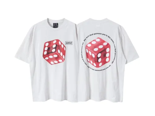 Saint Michael Red Dice Printed Short Sleeve Washed Old Cotton Round Neck T-Shirt