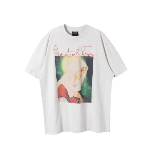 Saint Michael Virgin Mary Printed Short Sleeve Vintage Washed Old Cotton Round Neck T-Shirt