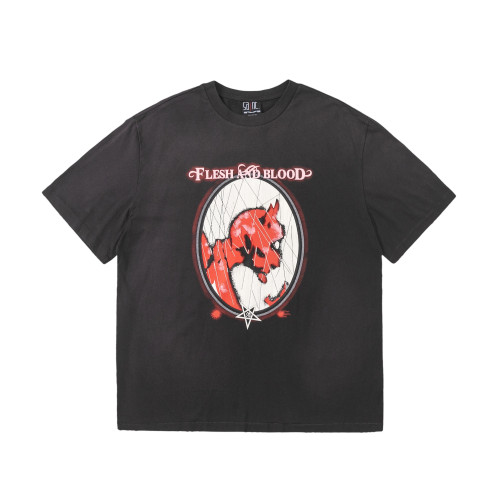 Saint Michael Demon in the Mirror Printed Short Sleeve Washed Old Round Neck T-Shirt