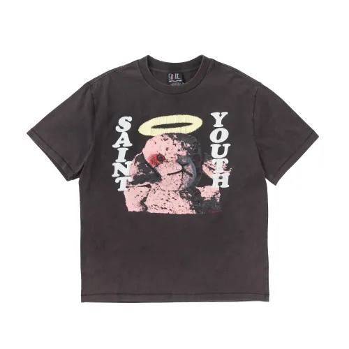 Saint Michael Lamb Angel Printed Short Sleeve Vintage Washed Old Cotton Round Neck T-Shirt