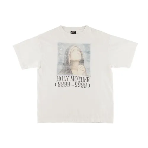 Saint Michael Holy Mother Printed Short Sleeve Vintage Washed Old Round Neck Loose T-Shirt