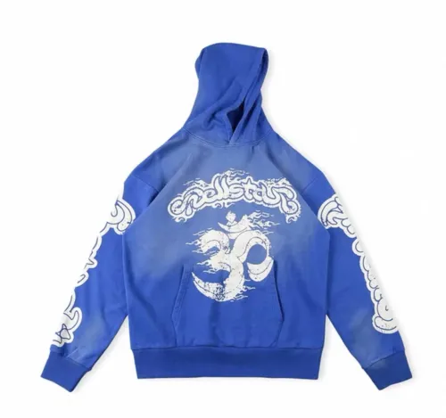 Hellstar Blue Yoga Hoodie Vintage Pullover Washed Old Casual Loose Sweatshirts
