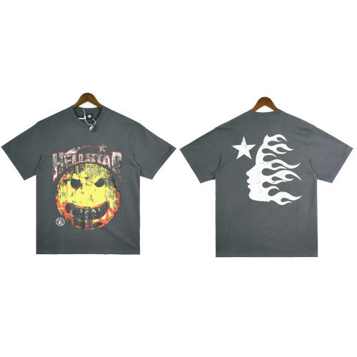 Hellstar Skull Smiling Face Printed Short Sleeve Vintage Washed Old Cotton Round Neck Loose T-Shirt