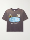 RHUDE Retro Logo Print Short Sleeve Unisex Casual Washed Old T-Shirts Grey Coffee Color