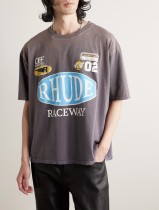 RHUDE Retro Logo Print Short Sleeve Unisex Casual Washed Old T-Shirts Grey Coffee Color