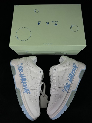 Off White Classic Unisex Leather Casual Sneakers Fashion Street Sports Board Shoes White Blue Letters