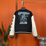Off White Embroidered Leather Jacket Men Woollen Spliced Motorcycle Jacket