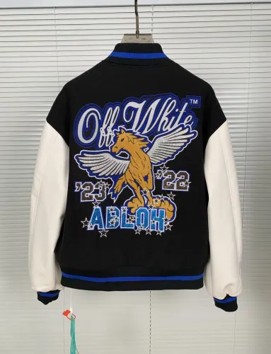 Off White Quilted Down Motorcycle Jacket Hot Diamond Woolen Cloth Patchwork Baseball Jersey