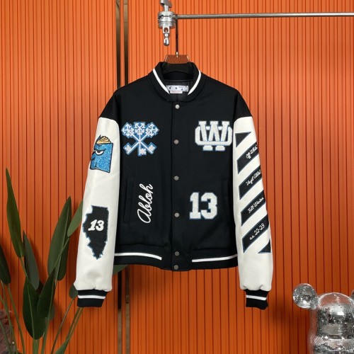 Off White Embroidered Leather Jacket Men Woollen Spliced Motorcycle Jacket
