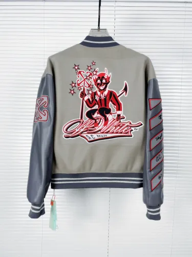 Off White AC Milan Co-branded Embroidered Leather Jacket Men Woollen Spliced Motorcycle Jacket