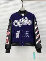 Off White Quilted Down Motorcycle Jacket Hot Diamond Woolen Cloth Patchwork Baseball Jersey