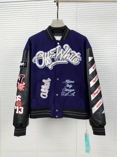 Off White Quilted Down Motorcycle Jacket Hot Diamond Woolen Cloth Patchwork Baseball Jersey