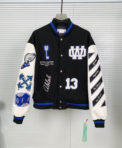 Off White Quilted Down Motorcycle Jacket Hot Diamond Woolen Cloth Patchwork Baseball Jersey