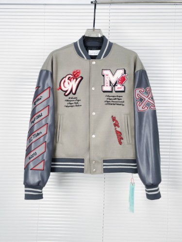 Off White AC Milan Co-branded Embroidered Leather Jacket Men Woollen Spliced Motorcycle Jacket
