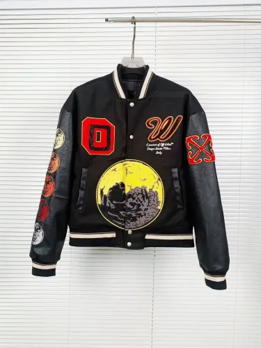 Off White Embroidered Logo Quilted Down Motorcycle Jacket Hot Diamond Patchwork Baseball Jersey