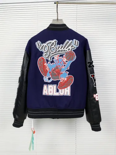 Off White Quilted Down Motorcycle Jacket Hot Diamond Woolen Cloth Patchwork Baseball Jersey