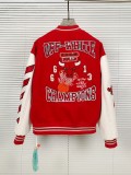 Off White Quilted Down Motorcycle Jacket Woolen Cloth Patchwork Red Baseball Jersey