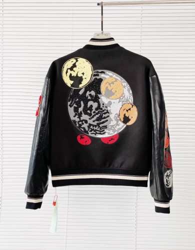 Off White Embroidered Logo Quilted Down Motorcycle Jacket Hot Diamond Patchwork Baseball Jersey