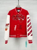 Off White Quilted Down Motorcycle Jacket Woolen Cloth Patchwork Red Baseball Jersey