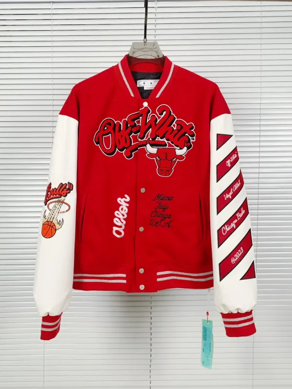 Off White Quilted Down Motorcycle Jacket Woolen Cloth Patchwork Red Baseball Jersey