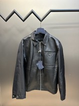 Prada Classic Triangle Logo Men Black Jacket Spliced Leather Jacket
