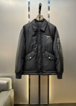 Prada Classic Re-Nylon Jacquard Fashion Down Jacket Men Full Zip Lapel Down Jacket Coat