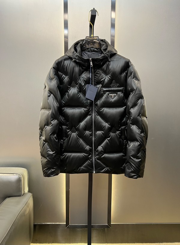 Prada Classic Re-Nylon Jacquard Down Jacket Unisex Enamel Metal Triangle Logo Casual Hoodie Down Jacket