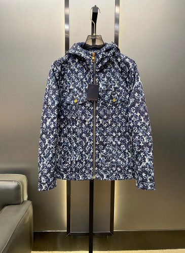 Louis Vuitton Classic Full LV Logo Jacquard Down Jacket Men Casual Full Zip Hoodie Down Jacket