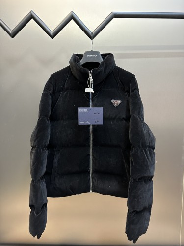 Prada Classic Triangle Velvet Down Jacket Unisex Casual Lightweight Warm Hoodie Down Jacket