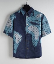 Louis Vuitton Classic Monogram Mappamundi Jacquard Shirts Jackets Men Short Sleeved Indigo Denim Shirt