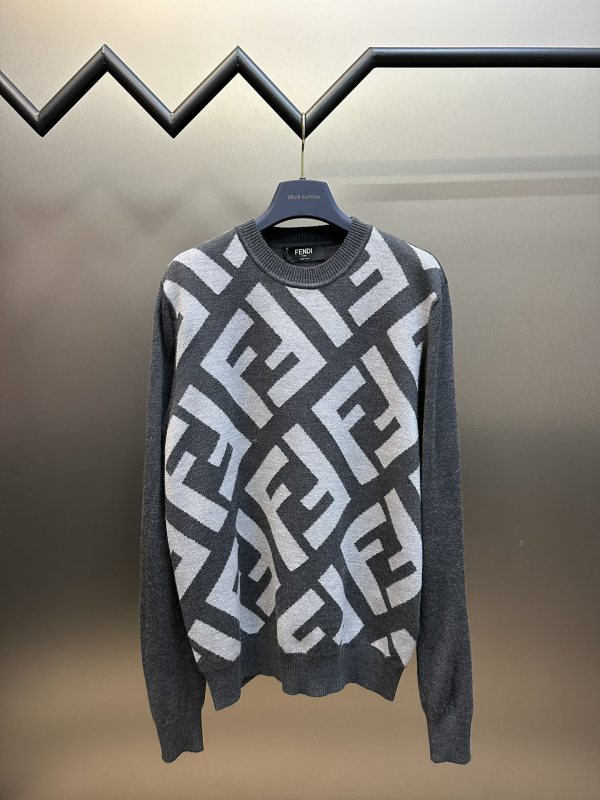 Fendi Classic Full Embroidered Logo Wool Blend Sweater Unisex Casual Grey Cashmere Sweater