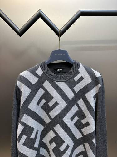 Fendi Classic Full Embroidered Logo Wool Blend Sweater Unisex Casual Grey Cashmere Sweater