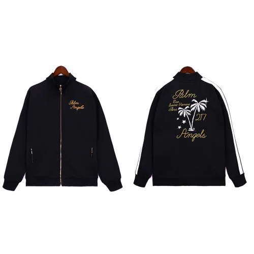 PALM ANGELS VILLE LUMIÈRE RUE DE SAINT-HONORÉ 217 Men Black Varsity Jacket Silver Palm Tree Embroidery Logo Sports Jacket