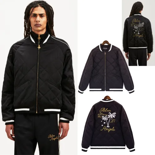 PALM ANGELS VILLE LUMIÈRE RUE DE SAINT-HONORÉ 217 Men Black Blazer Silver Palm Tree Embroidery Logo Cotton-Padded Sports Jacket