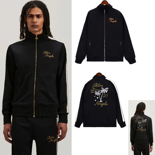PALM ANGELS VILLE LUMIÈRE RUE DE SAINT-HONORÉ 217 Men Black Varsity Jacket Silver Palm Tree Embroidery Logo Sports Jacket