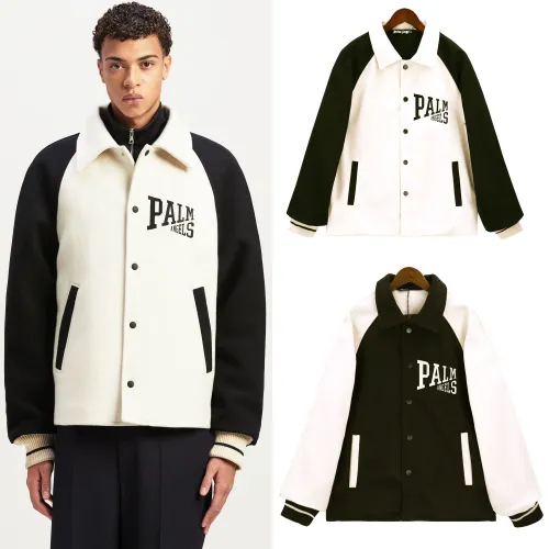 Palm Angels Black White College Jacket Men Palm Tree Pattern Sports Varsity Jacket