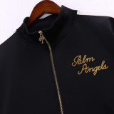 PALM ANGELS VILLE LUMIÈRE RUE DE SAINT-HONORÉ 217 Men Black Varsity Jacket Silver Palm Tree Embroidery Logo Sports Jacket