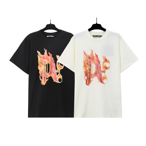 Palm Angels Classic Fire Letter Logo Short Sleeve Unisex Casual Cotton T-Shirt