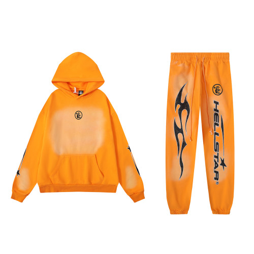 Hellstar Fire Orange Retro Wash Hoodie Unisex Casual Pullover Sportswear
